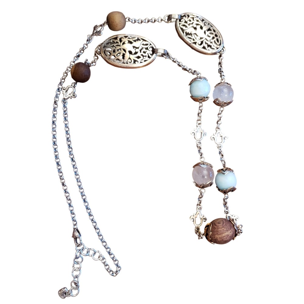 Brighton Boho Silver Tone Necklace with Wood & Pastel Beads, Bird Detail